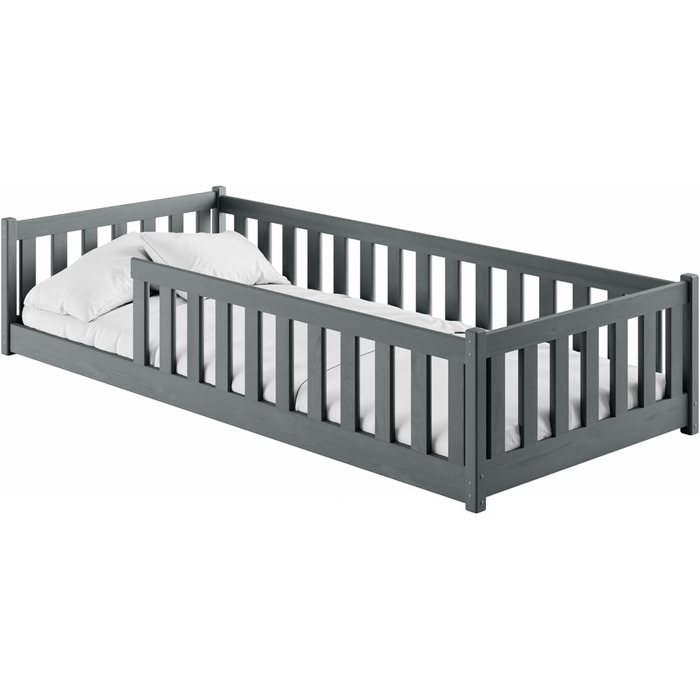 Дитяче ліжко Kids Collective Kinderbett з бортиками та ламелями, 90x190 см, сірий графіт | Ліжко-платформа, Монтессорі, для дітей та підлітків