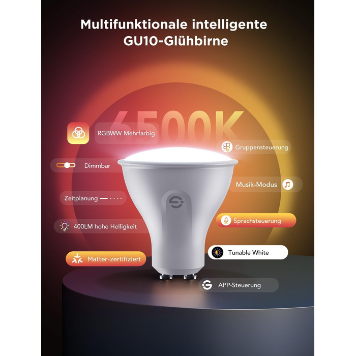 Розумна LED лампа Govee GU10 RGBWW з підтримкою Matter, Alexa та Google Home, Wi-Fi, регулювання яскравості, зміна кольорів, синхронізація з музикою, 56 сценаріїв (1 шт.)