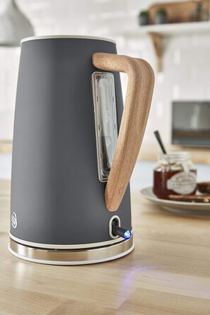 Електрочайник Swan Nordic Ultra 1,7 л 2200 Вт, бездротовий, автоматичне вимкнення, дерев'яна ручка, сірий, сучасний дизайн