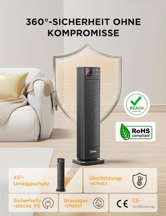 Керамічний обігрівач Midea NTH20-22GR(WH) 2000Вт з пультом, термостатом та таймером на 24г, ECO-режим, осциляція 75°, сірий