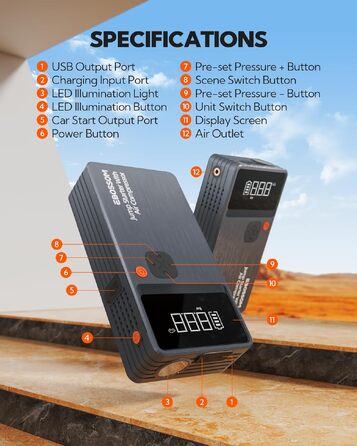 Бустер-пусковий пристрій для авто JC8 8000mAh 7-в-1: портативний компресор, Powerbank, LED-ліхтарик та USB-C зарядка, автомобільний jump starter