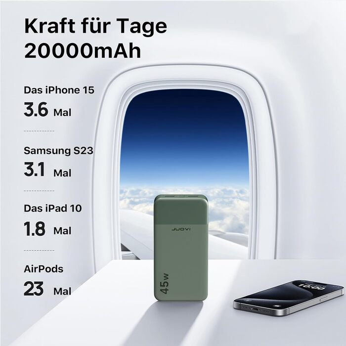 Power Bank JUOVI J2621, 20000mAh, 45W, для Switch, MacBook, iPhone, Samsung, Steam Deck, зелений