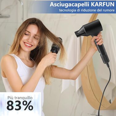 Фен для волосся KARFUN Lonen з іонізацією, 200 млн негативних іонів, розумний термостат, безщітковий мотор 110000 об/хв, швидке сушіння, тихий, дорожній, чорний