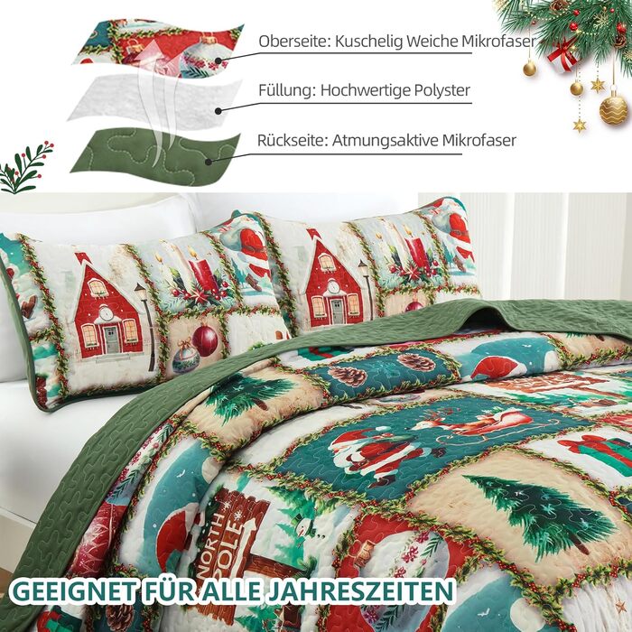 Покривало WONGS BEDDING 240x260 см, стьобане, мікрофібра, комплект 3 предмети: покривало та 2 наволочки 50x75 см, зелений різдвяний малюнок ялинка та олень, для двоспального ліжка