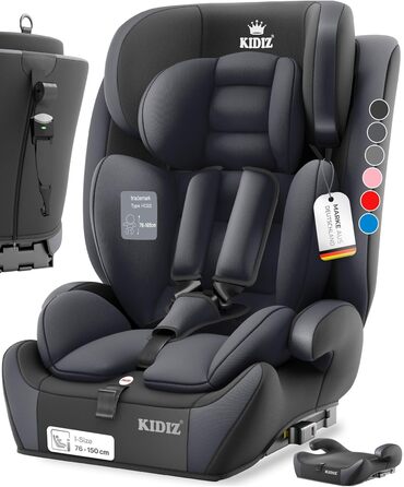 Автокрісло KIDIZ® 1+2+3 для дітей 9-36 кг з 5-точковим ременем безпеки, регульованою підголовником та Isofix (антрацит)