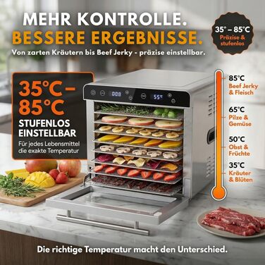 Сушарка для овочів та фруктів Sommertal Silence 700 XXL з нержавіючої сталі - дегідратор з 8 решітками, таймером, LED-дисплеєм, регульованою температурою 35-85°C, 700 Вт, без BPA + книга рецептів