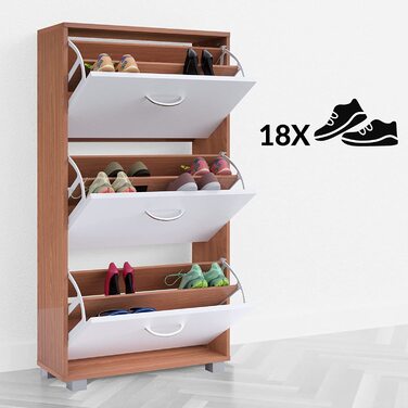 Шафа для взуття Casaria® на 18 пар, вузька, 115x60x25 см, 3 дверцята, дерев'яна, закрита, з фіксацією від перекидання, для прихожого/коридору, колір бук/білий