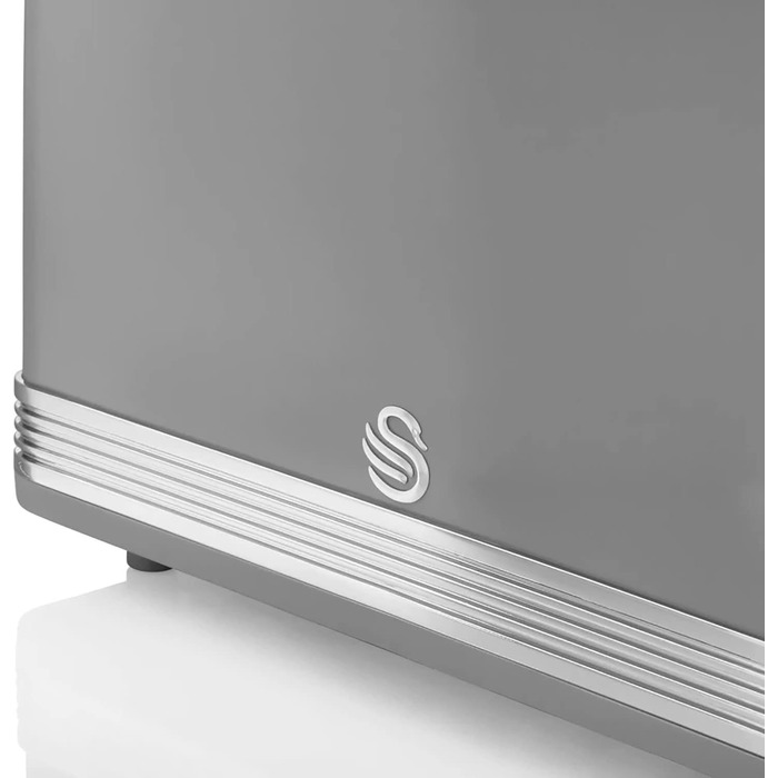Тостер Swan Retro ST19010GRNEU на 2 скибки, широкий слот, вінтажний дизайн, 3 функції (розморожування, підігрів, скасування), 6 режимів, нержавіюча сталь, сірий, 815 Вт