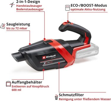 Акумуляторний ручний пилосос Einhell TE-HV 18/06 Li-Solo Power X-Change 18В, 72 мбар, насадки для щілин, меблів та підлоги, контейнер 0,6 л, без акумулятора і зарядного, нова модель