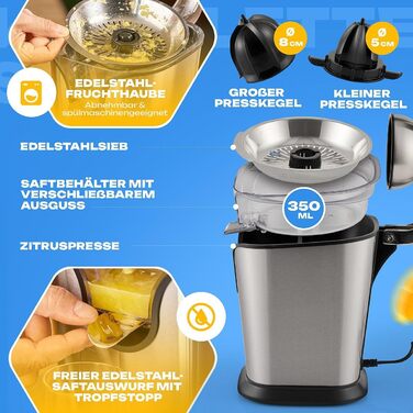 Електрична цитрусова соковижималка ProfiCook 160Вт з важільним пресом, автоматичний старт, захист від крапель, 2 конуси, нержавіюча сталь