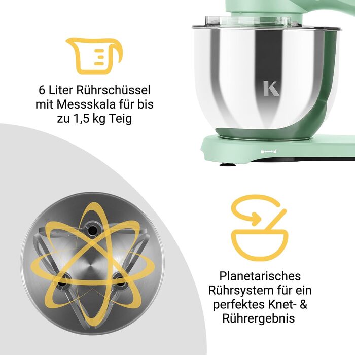 Кухонний комбайн KLAMER 1800W, планетарний міксер для тіста з чашею 6л з нержавіючої сталі, 10 швидкостей, таймером та набором насадок (Premium Mint)