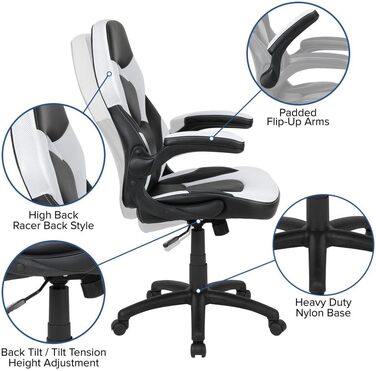 Ігрове крісло Flash Furniture X10, ергономічне, з регульованою спинкою, для комп'ютера і геймінгу, LeatherSoft, біло-чорне