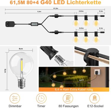 LED гірлянда вулична G40, 23.5м, 25+2 лампи, теплий білий, з пультом та додатковою секцією 61.5м, водонепроникна, для саду/балкону