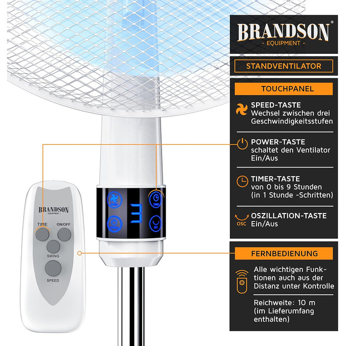 Вентилятор підлоговий Brandson 40 см, срібно-чорний, з пультом, 3 швидкості, коливання 80°, високий потік повітря