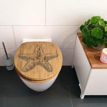 WC-сидіння банядо з бамбука з автоматичним опусканням, гравіруванням «Мушля», універсальне, дерев'яний кришка для унітазу