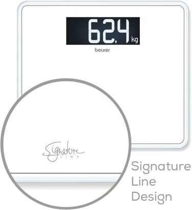 Ваги для людей Beurer GS 410 Signature Line, білі, скляні, з великою платформою 35x30 см, максимальна вага 200 кг, чорний XXL-дисплей, супербіле безпечне скло