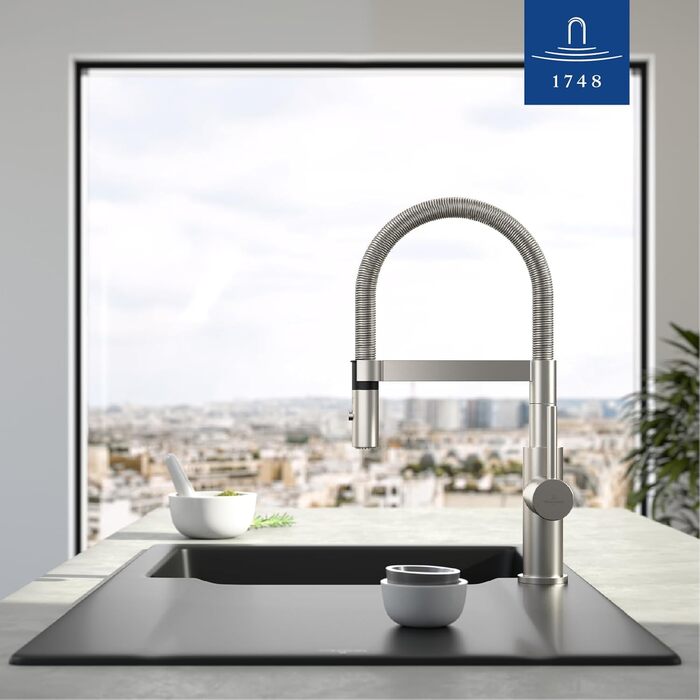 Змішувач кухонний Villeroy & Boch Steel Expert Compact, нержавіюча сталь, поворотний вилив, економія води, висота 143 мм