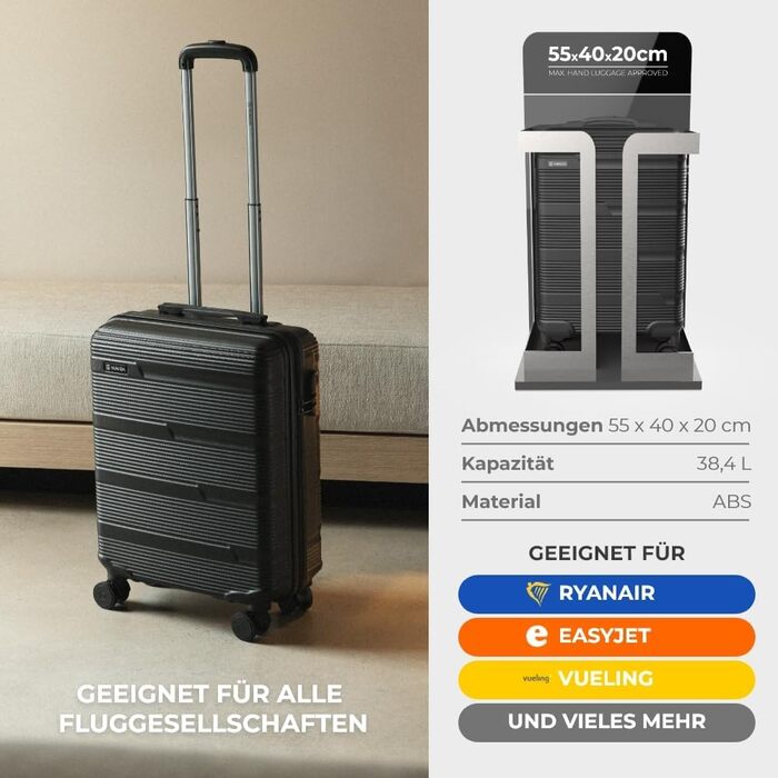 Набір валіз NUMADA Upfly T10 ABS: 3 шт. (55x40x20, 66x44x26, косметичка). Міцний, безпечний, для ручної поклажі.