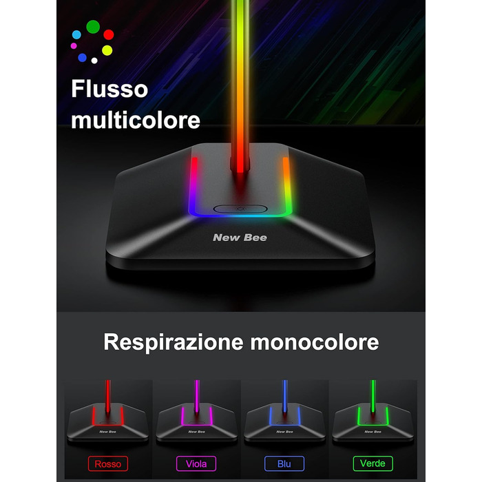 Підставка для ігрових навушників New Bee RGB з бездротовою зарядкою, 7 режимів підсвічування, USB, чорна