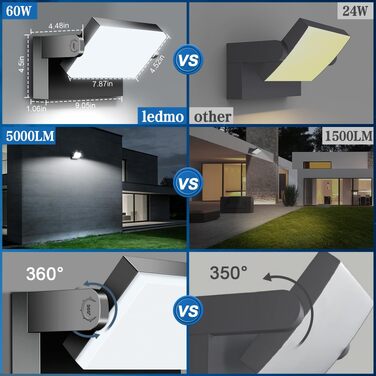 Стіна LED-ліхтар ledmo 60W зовнішній, панель 360°, IP65, 5000LM, регульований кут нахилу, водонепроникний, чорний, 6000K