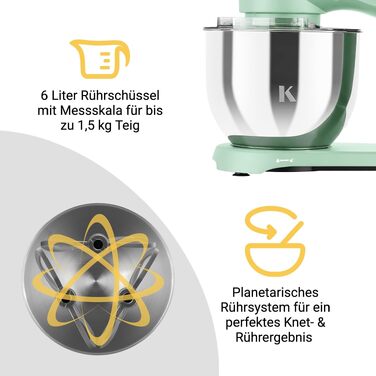 Кухонний комбайн KLAMER 1800W, планетарний міксер для тіста з чашею 6л з нержавіючої сталі, 10 швидкостей, таймером та набором насадок (Premium Mint)
