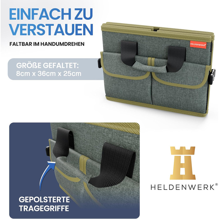 Складаний органайзер у багажник авто HELDENWERK® Premium з антиковзаючим покриттям (липучки), зелений з темно-зеленим кантом