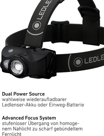 Налобний ліхтар Ledlenser MH8 600 Лм, акумуляторний, LED, чорний, для полювання та риболовлі, до 60 годин, червоне/зелене/синє світло, фокусування, 2xAA, транспортувальний замок