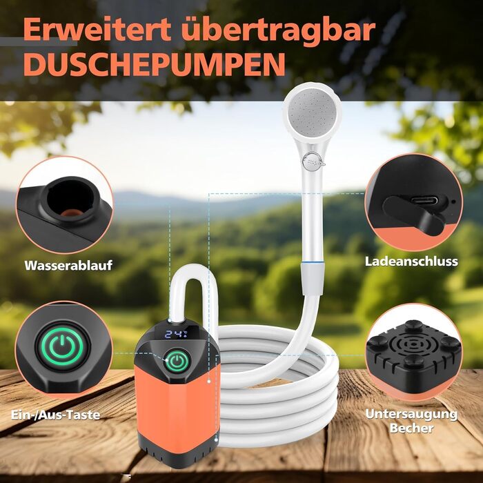 Портативний душ для кемпінгу Leise з акумулятором 7800mAh, USB-C, 3 режими, LED-дисплей - помаранчевий