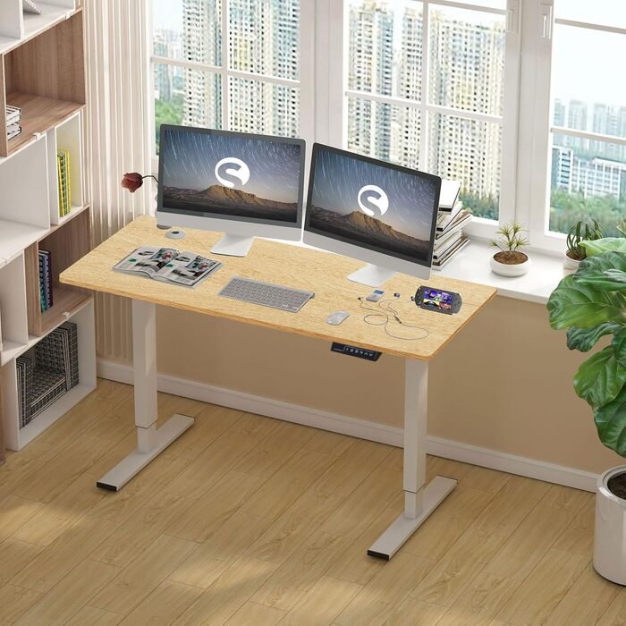 Електричний стіл Sogesfurniture 140x60 см, регульований за висотою, для офісу та дому, робочий комп'ютерний стіл з функцією пам'яті, тикове дерево