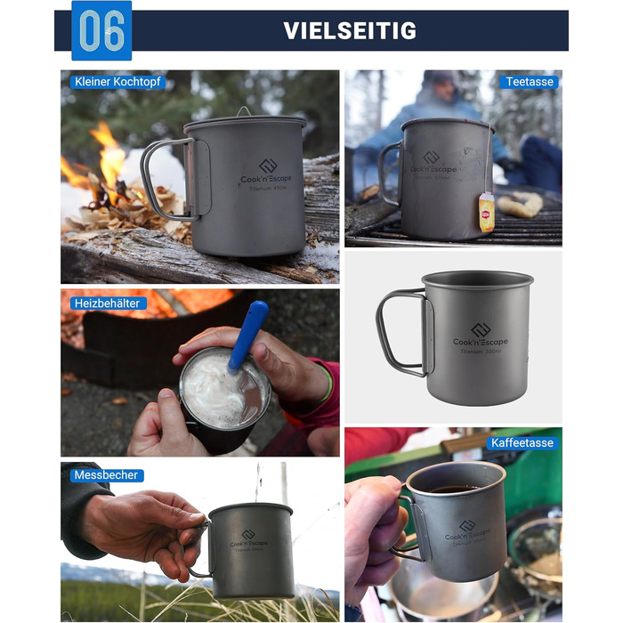 Титанова чашка для кемпінгу COOK'N'ESCAPE Titan Becher 300 мл з кришкою та складною ручкою - легка, міцна, жаростійка для туризму, пікніка