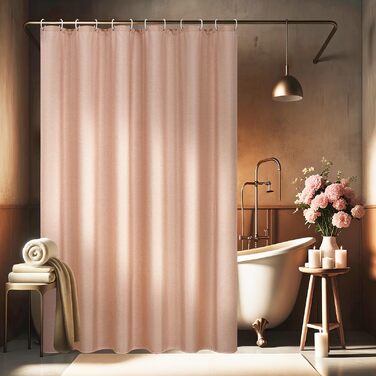 Шторка для душу EurCross з льону, текстурована, 180x220 см, текстиль, водонепроникна, з 12 колечками, рожева, для готелю, антигрибкова, миється
