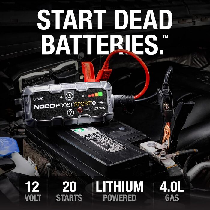 Портативний пусковий пристрій NOCO Boost GB20: 500A UltraSafe Powerbank - 12V літієвий стартер з кабелями для бензинових двигунів до 4.0L