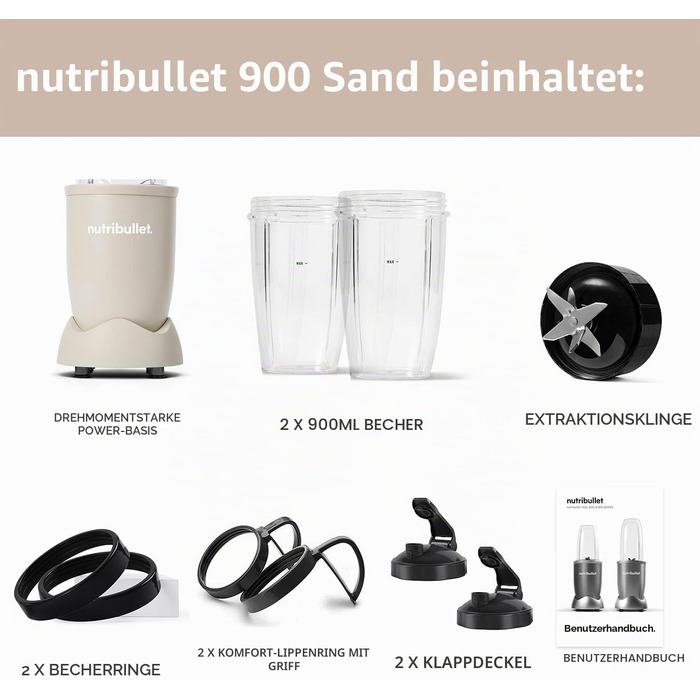 Потужний блендер-екстрактор Nutribullet 900 Series, пісочний матовий (Sand) — набір з 11 предметів для смузі та соків, 25 000 об/хв