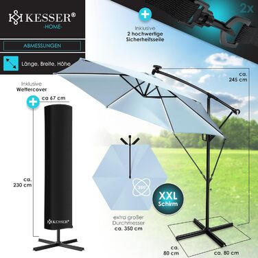 Сонячна LED парасолька KESSER з алюмінію, 350 см, з дистанційним керуванням, підставкою, водовідштовхувальна, UV-захист, світло-блакитна