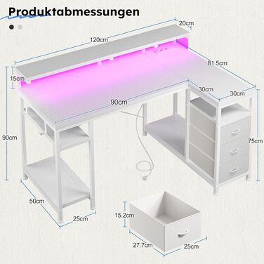 Ігровий стіл L-подібний з LED підсвіткою, 3 шухляди, USB-порт, розетка, тримач для монітора, 140x80 см, білий