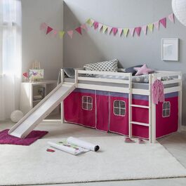 Дитяче ліжко Homestyle4u 90x200 см, біле, з гіркою та рожевим шторкою, дерев'яне ліжко-горище з сосни для дитячої кімнати