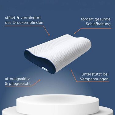 Ортопедична подушка для шиї з Memory Foam, регульована висота, знімає напругу голови та шиї, проти болю в шиї, 60x30 см, з синім чохлом, середньої жорсткості