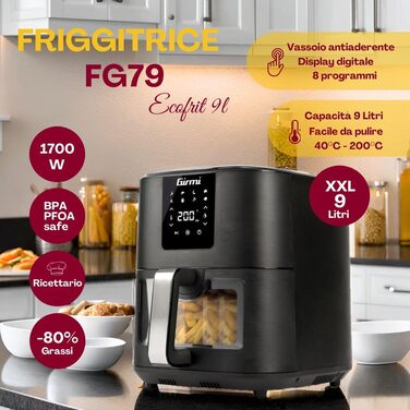 Аерофритюрниця Girmi FG26 Ecofrit Bis з двома зонами приготування, 9 л, 2400 Вт, цифровий дисплей, антипригарне покриття, чорна