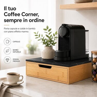 Держак для кавових капсул BAKAJI з шухлядою з бамбукового дерева для Nespresso, Dolce Gusto, Modomio, Lavazza, чайних пакетів та цукру, чорний (31,5 x 30 x 10 см)