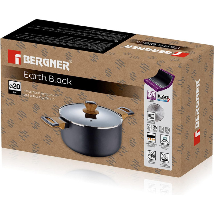 Каструля BERGNER Earth Black 20 см, алюміній, дерев'яні ручки, антипригарна, для індукції, сіра