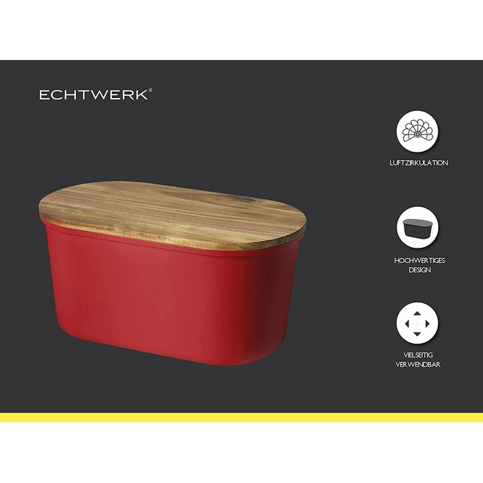 Хлібниця ECHTWERK FRESH з кришкою і дошкою з акації, для зберігання хліба до 1 кг, 37x22x17 см, червона