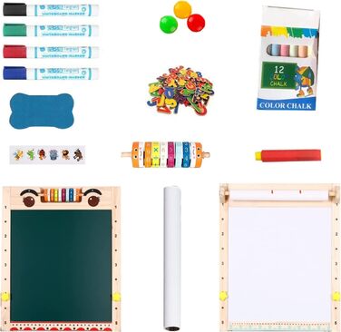 Дитяча мольберт Kinder Tafel з регулюванням висоти, двосторонній, з паперовою рулонною дошкою, літерами та цифрами, аксесуарами для дітей 2-8 років