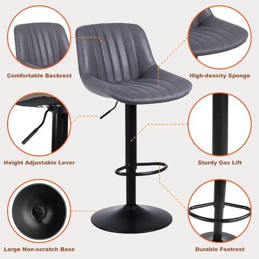 Комплект з 2 барних стільців Youhauchair, обертові барні стільці з підлокітниками, регулювання висоти, сучасний кухонний табурет з темно-сірого PU-шкіри