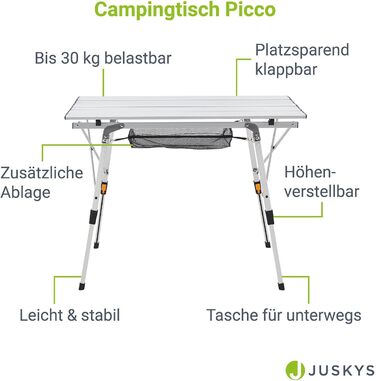 Складаний алюмінієвий стіл Juskys Picco 90×52 см, легкий, регульований по висоті, для кемпінгу та саду, сріблястий