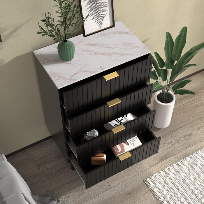 Комод UEV з 4 шухлядами, 60x34x94 см, вузький комод з мармуровою стільницею, шафа для зберігання у вітальню, спальню, коридор, чорний