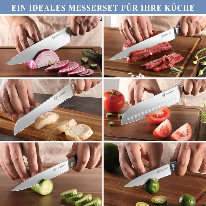 Набір кухонних ножів Keemake 7 предметів з дерев'яним блоком, професійний набір кухонних ножів з нержавіючої сталі, міцні та гострі