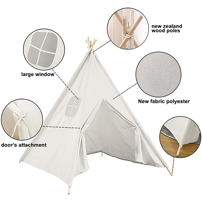 Kinder Tipi Zelt - класичне індіанське намет для дітей, бавовняний намет для дівчаток та хлопчиків з сумкою, складане ігрове домік для дому або на вулицю