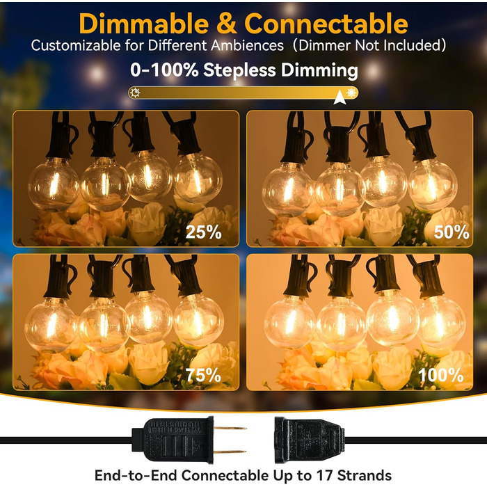 Гірлянда світлова LED 30,5м для вулиці, димована, G40, 52 лампи, вологозахищена, куляста форма, тепле світло 2700K