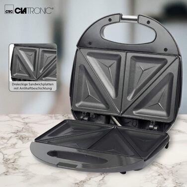 Сендвічниця Clatronic ST 3477 з трикутними антипригарними пластинами, автоматичним терморегулятором та системою блокування, сіра
