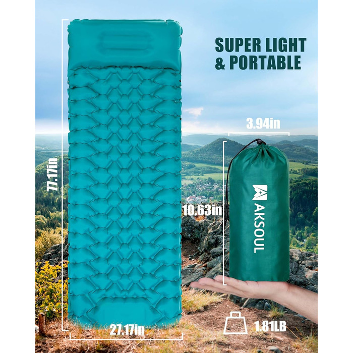 Самонадувний кемпінговий килимок AKSOUL Outdoor: ультралегкий надувний матрац з подушкою, термоізоляційний складний килимок для намету, трекінгу та пляжу, 10 см, колір павлин